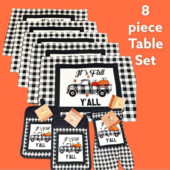 Holiday 8 piece kitchen set! Black and white gingham check. New - Picture 1 of 7